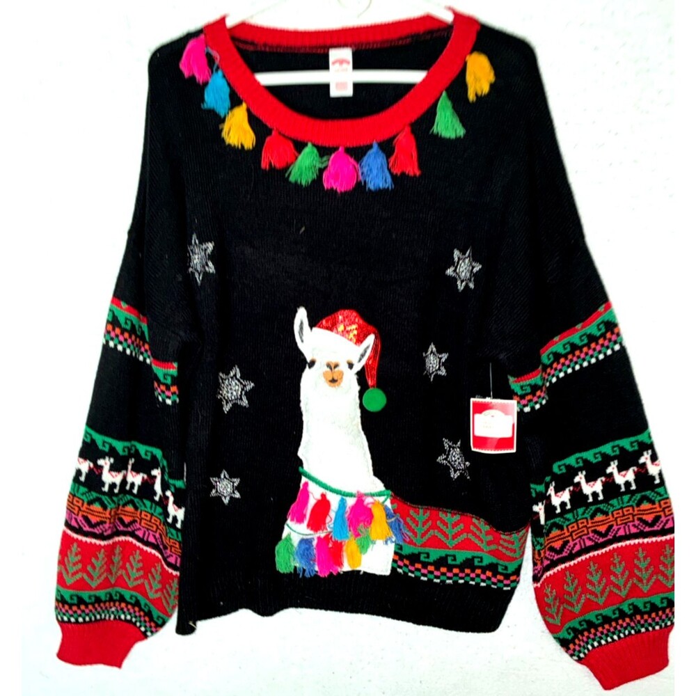 Holiday Time Llama Ugly Christmas Sweater Womens XXL Tassel Santa Bling Sequin